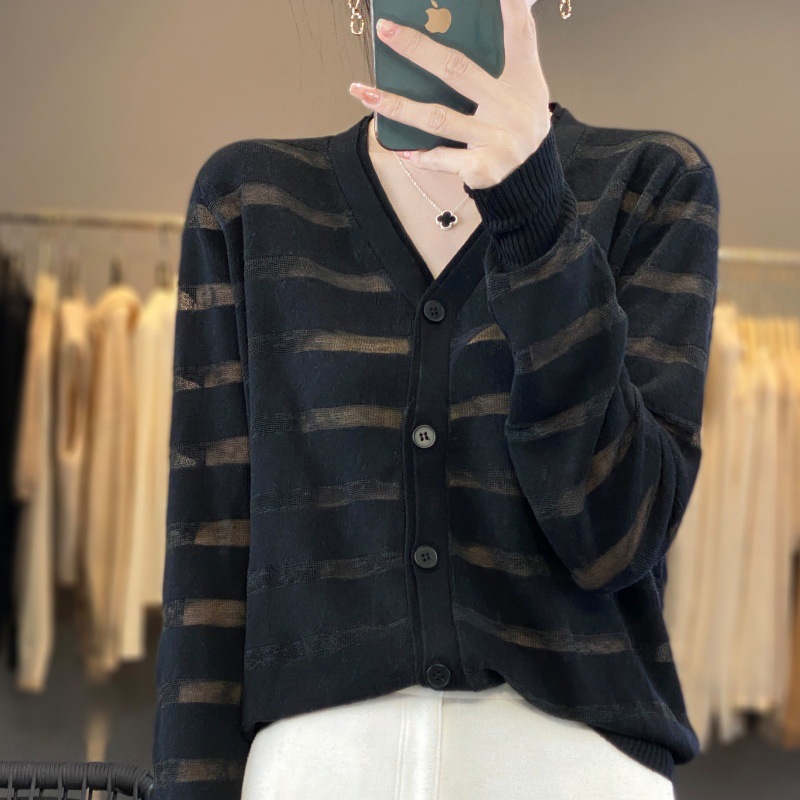 Distressed Stripe Cardigan  |  Womens Knitwear Clothing Black